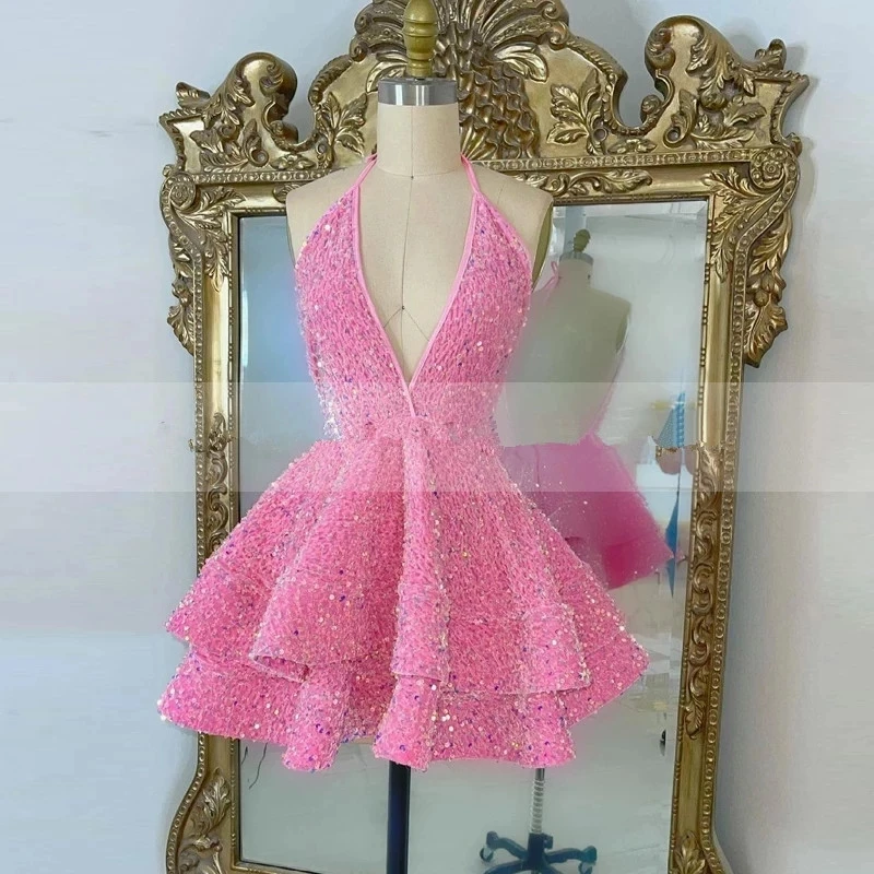 Sparkly Sequins Mini Party Dresses Cocktail Gowns for Girls Pink Black White Sexy Mini Prom Gowns Women Birthday Dress Backless