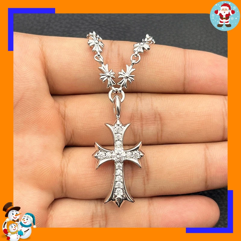 Premium White Gold Diamond Cross Necklace Men's and Women's Cross Flower Chain Classic Integrated Chain Men's Domineering