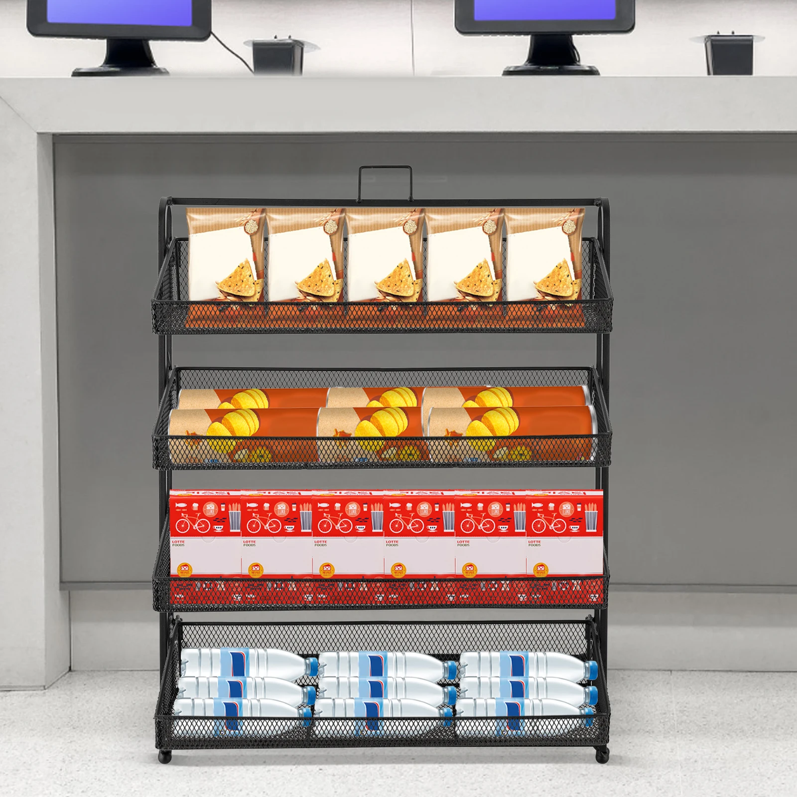 4 طبقات التجزئة الحلوى مستطيلة عداد البقالة وجبة خفيفة الرف متجر سوبر ماركت عرض الرف لكونترتوب الأسود #4