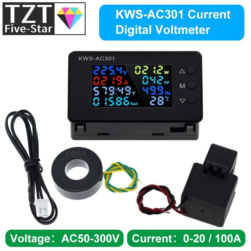 KWS-AC301 Wattmeter Power Meter Voltmeter AC 50-300V Voltage 50-60HZ Power Analyzers LED AC Electricity Meter 0-20/100A Detector