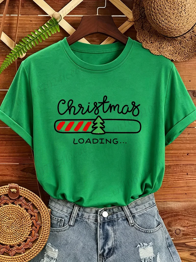 Weihnachts-T-Shirt für Damen mit Weihnachts-Loading-Progess-Bar-Aufdruck, Kurzarm, O-Ausschnitt, lässig, locker geschnitten, Weihnachts- und Feiertagsmotiv-Oberteil. – Detail 5