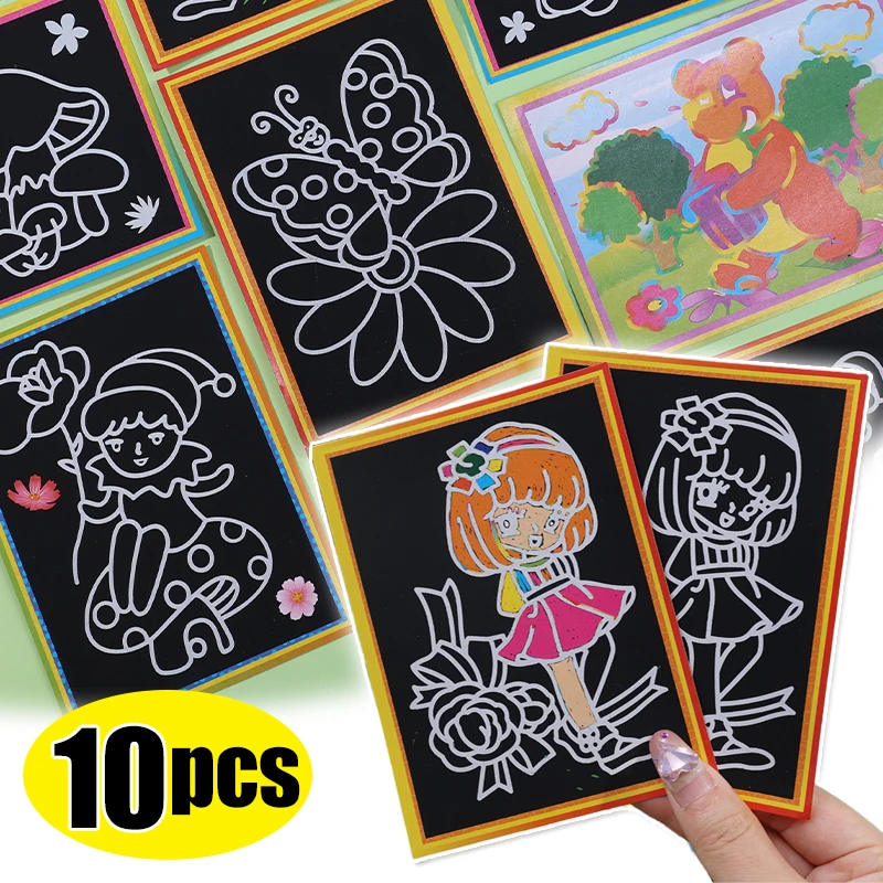 Papier d'art à gratter avec anciers de dessin pour enfants, papier de peinture amusant, jouets de dessin colorés, cadeau de vacances bricolage, 13x9,5 cm, 1 pièce, 10 pièces