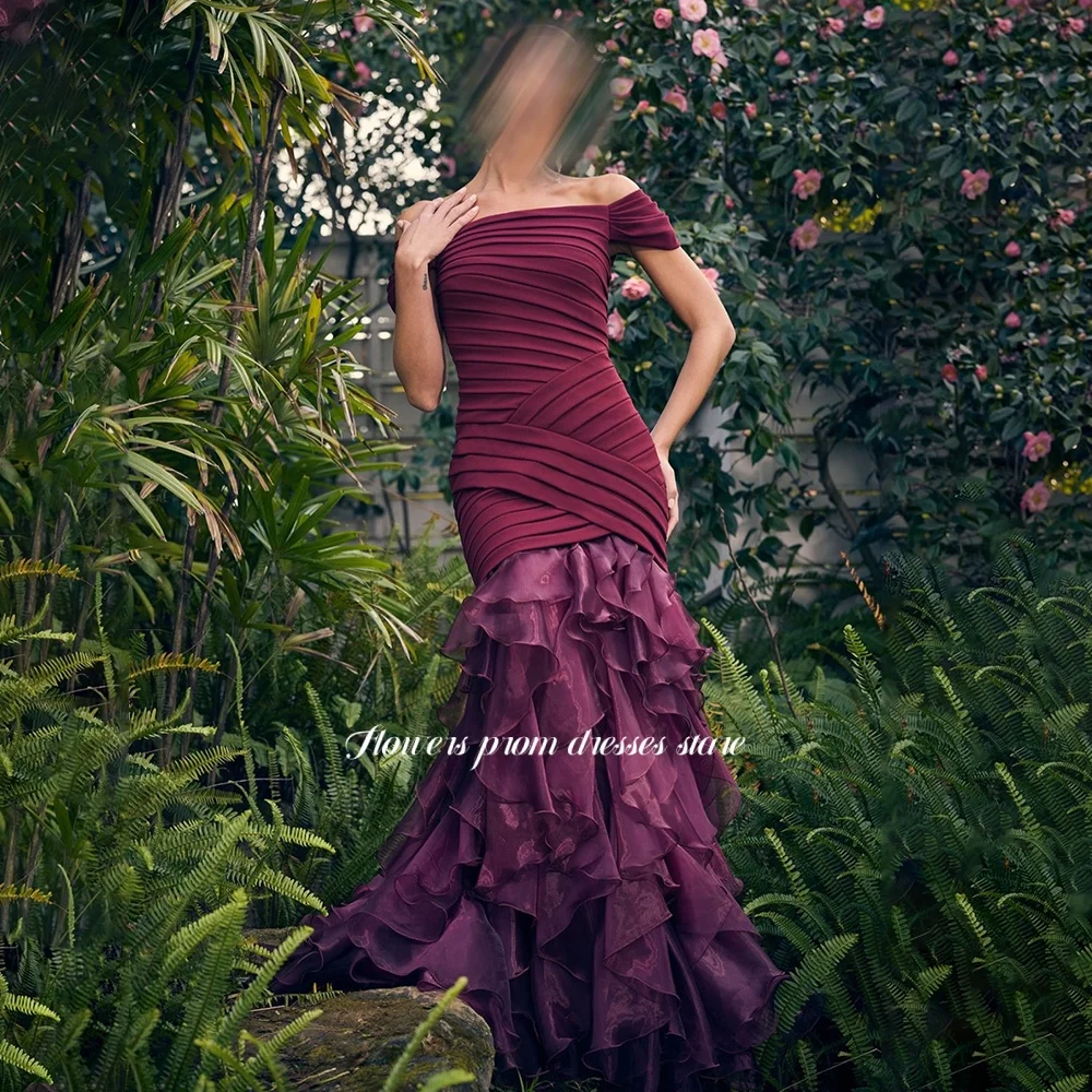 Flowers Purple Evening Dress with Ruffles Mermaid Prom Dress Pleated Off Shoulder Formal Occasion Dress vestidos Customized