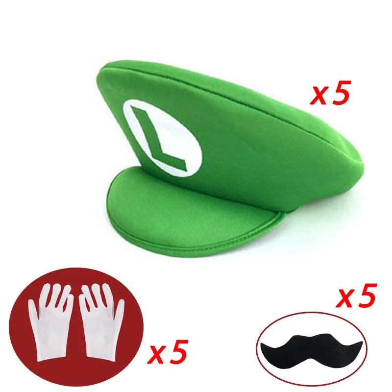 Rood Groen Super Bros Hoeden Set Mary Luigy Caps Snorren Handschoenen voor Halloween Kerst Cosplay Kostuums Bijpassende Accessoires
