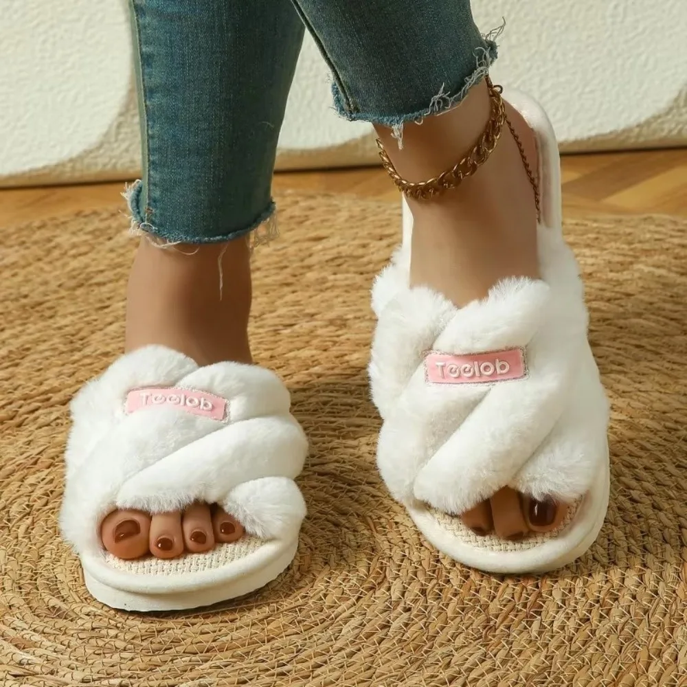 1Pair Fashion Open Toe Fluffy Slippers Flat Bottom Soft Sole Home Slippers Keep Warm Non-Slip Women's Slippers Four Season