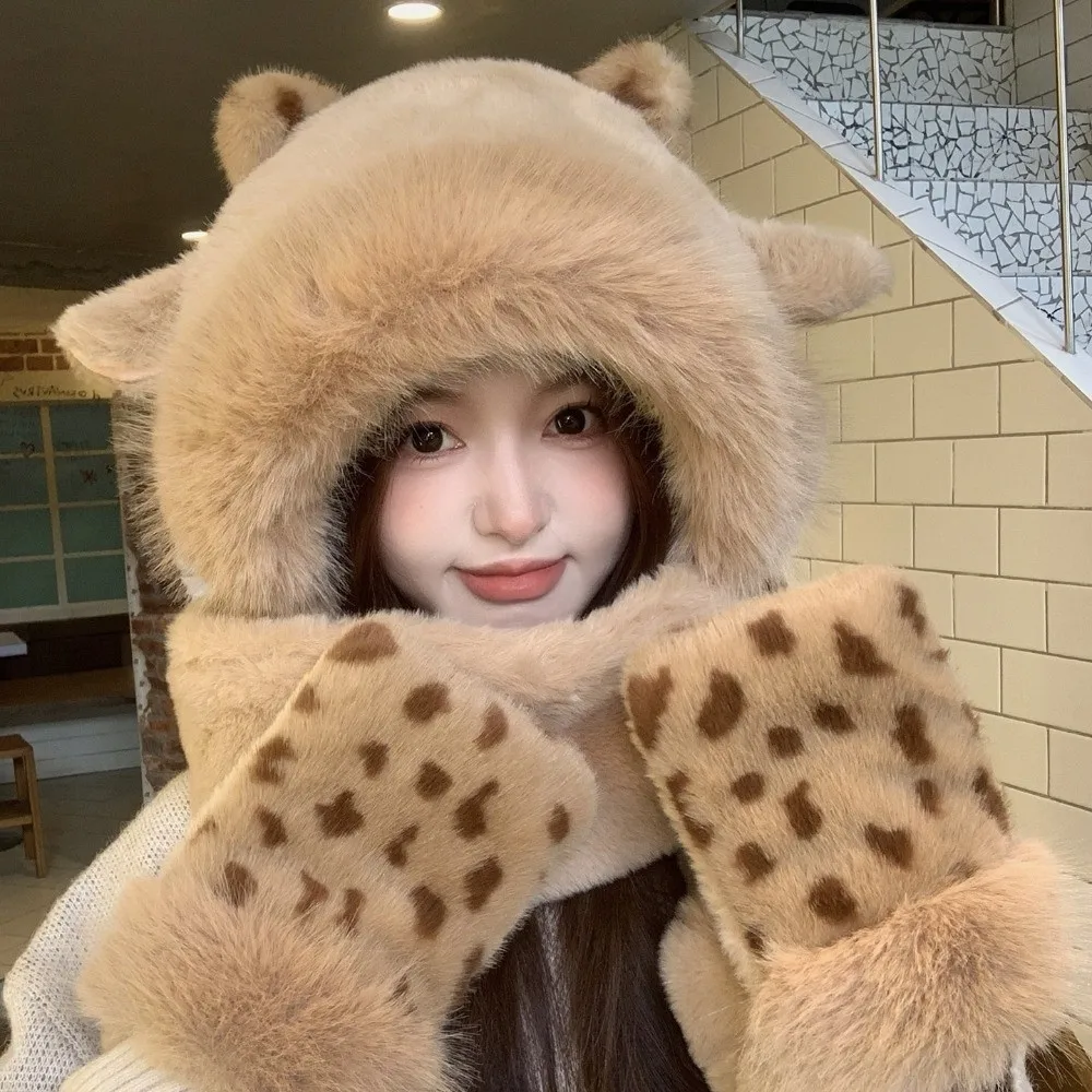 3pcs/Set 3 Piece Set Bear Hat Scarf Gloves Set Polyester Thick Warm Winter Hat Scarf Gloves Set Cold Proof Cold Weather