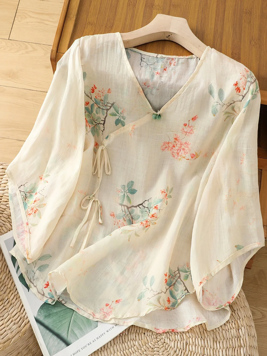 Nuovo Cinese Sle Tendenza Nazionale Obi Tie Lino irt Donne Estate Sottile Quali Anti Invecchiamento V-ne Button down Hanfu Piccolo irt