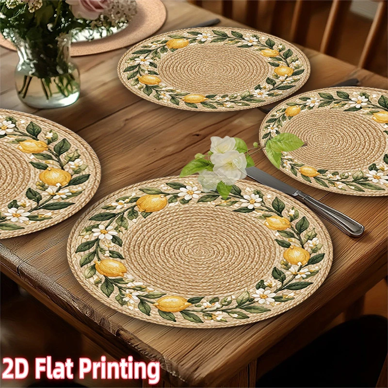 4pcs Non‑Slip 2D Flat Printed Round Lace Linen Placemats Thickened Heat Resistant Reusable for Kitchen Dining Tables Home Decor