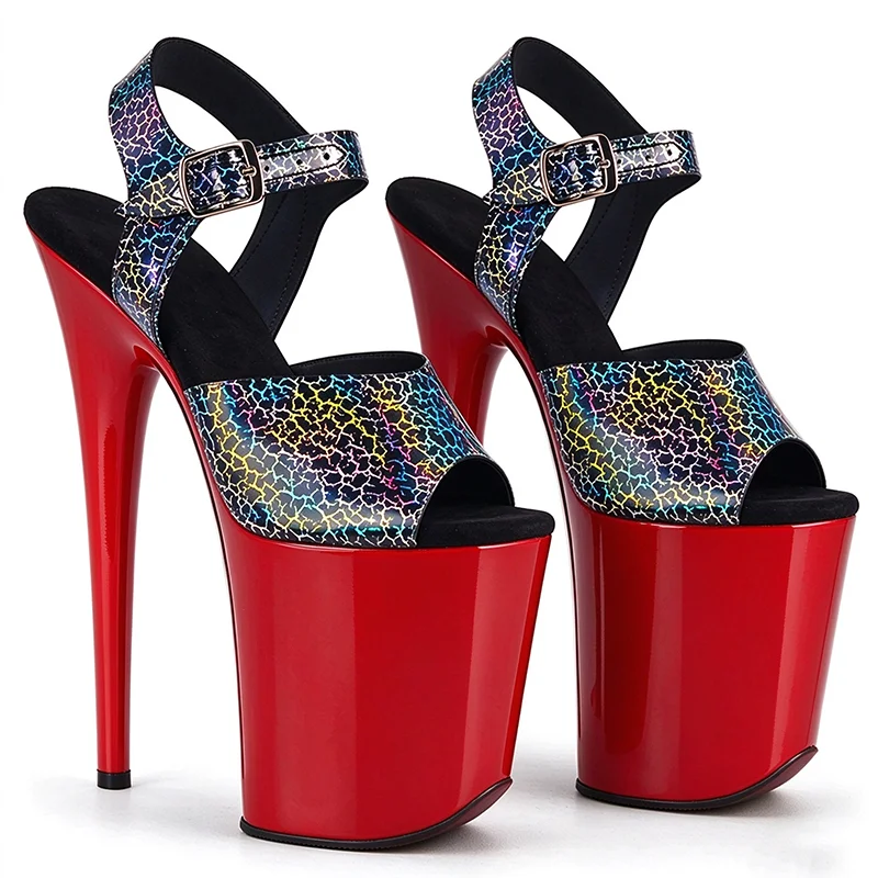 Holographic Crackle Peep Toe Platform 20cm High Heel Sandals, Ankle Strap Buckle Stiletto Exotic Pole Dance Shoes for Women
