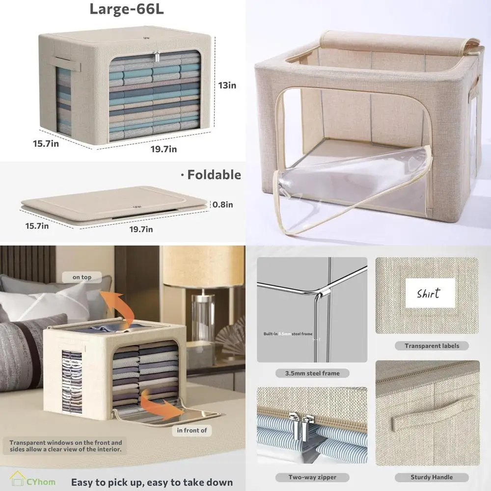 

Складные тканевые коробки для хранения с прозрачной крышкой и ручками - 66 л, бежевый лен, для одежды и аксессуаров