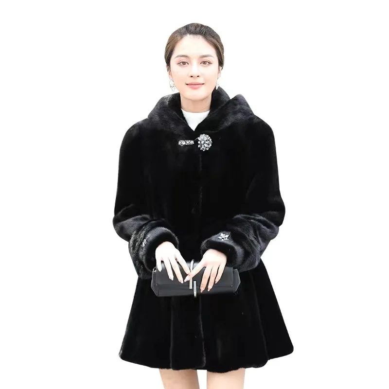 Black Hooded Short Faux Fur Jacket Diamond Decoration Faux Mink Furry Jackets Fluffy Luxury Wave Plush Coats Thick Warm Overcoat