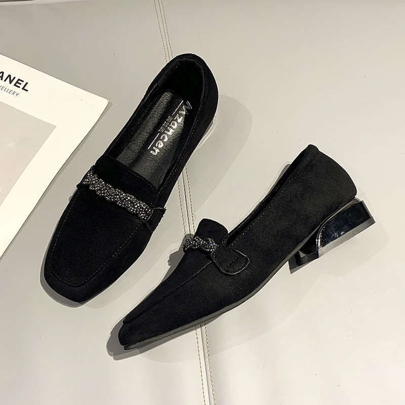 Black with Crystals Women Footwear Loafers Diamond Rhinestone Rock Low Heel Pumps New Daily Routine Light Cheap Single Shoes