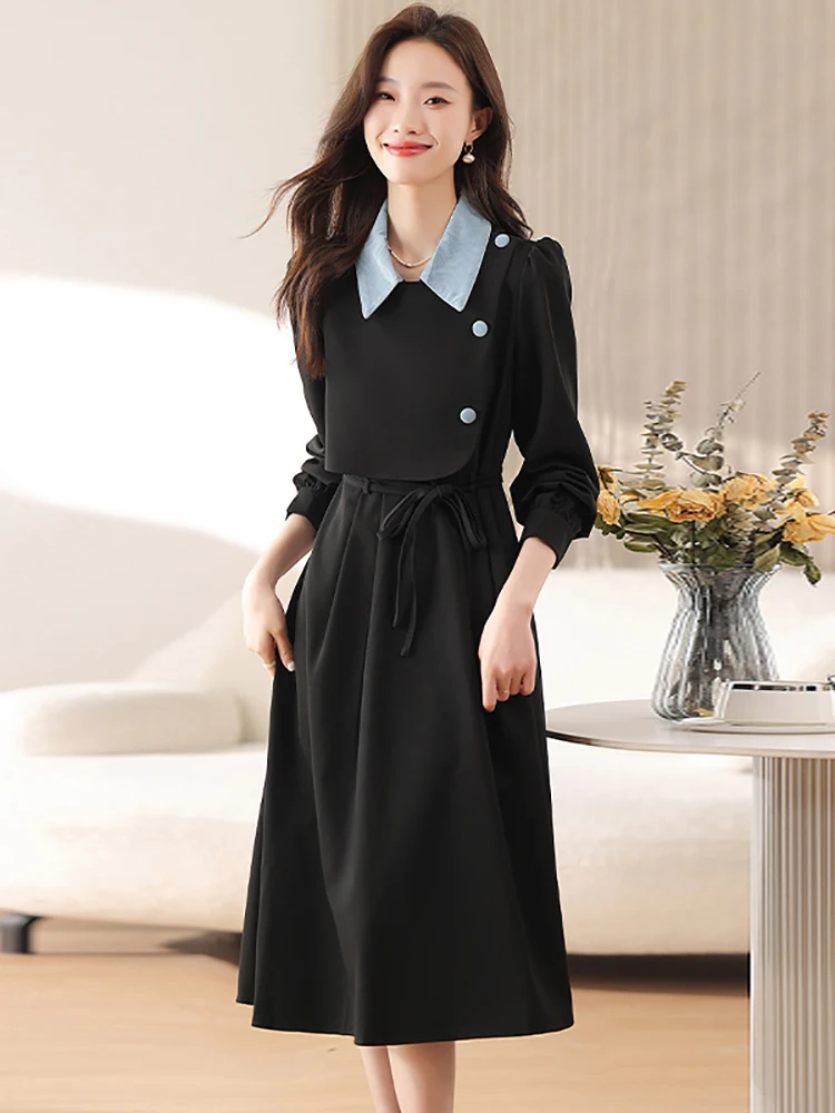 Vrouwen Koreaanse Vintage Bodycon Nep Tweedelige Jurk Zomer Zwart Patchwork Blauwe Polo Kraag Midi Jurk 2025, Elegante Luxe Jurken