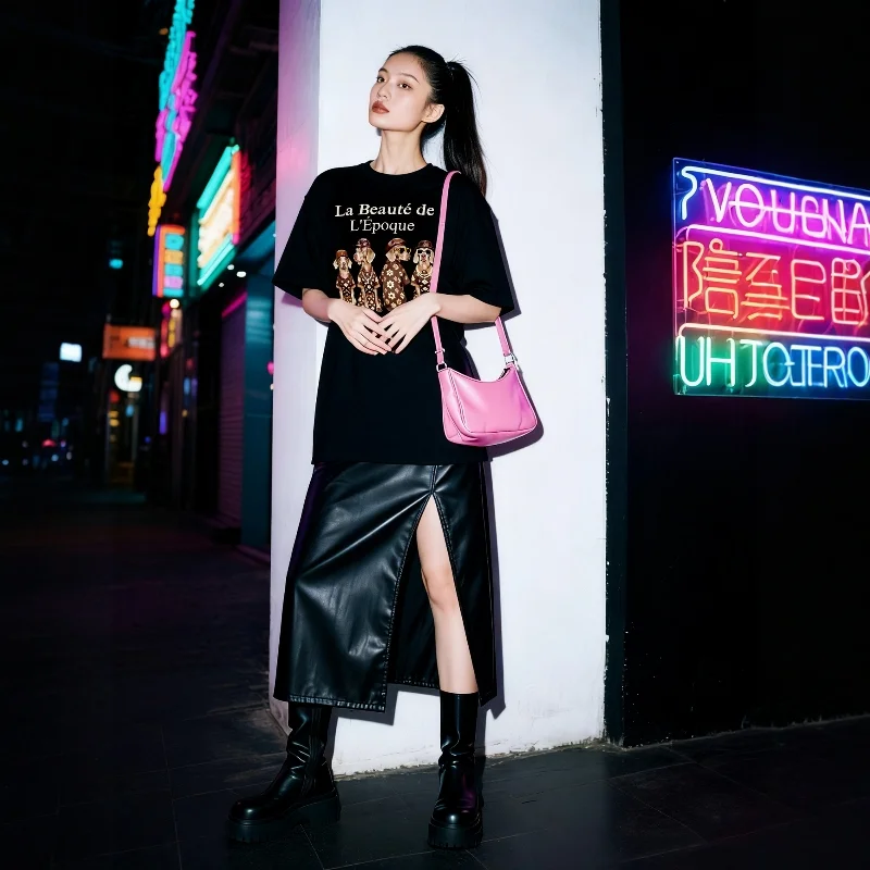 Trendiges süßes Street-Style-Damen-Kurzarm-T-Shirt mit europäischem Stationshund-Muster, bedruckt, modisches, lässiges Oberteil für Damen