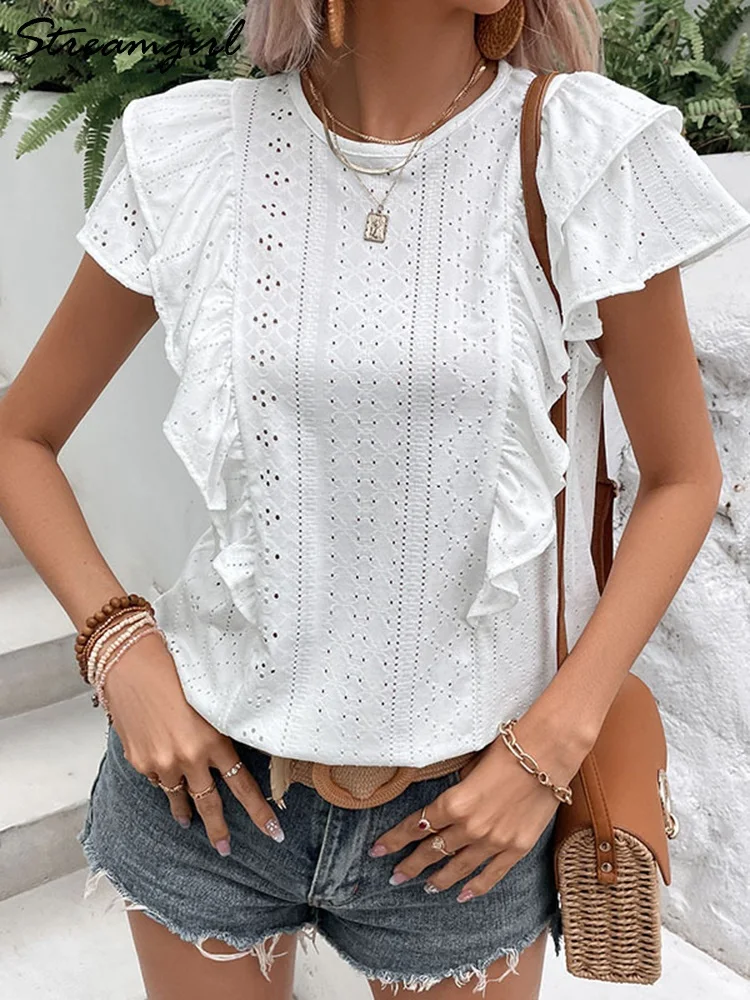 White Summer Blouses Woman 2023 Ruffled Tops Short Sleeve Solid Hollow Out Ruffled Blouses Casual Womens Tops And Blouses Thin