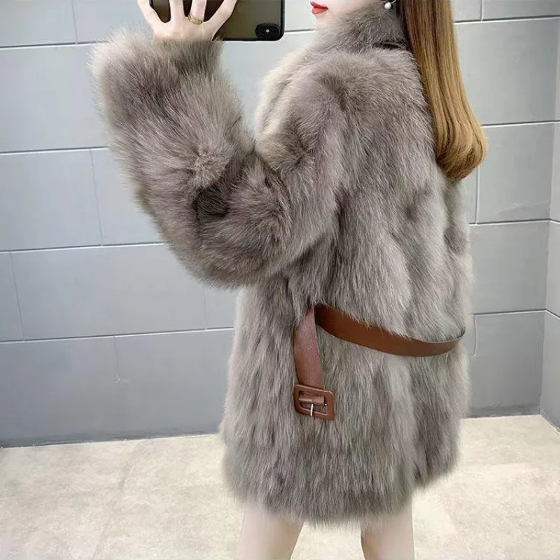 Pockets Women Imitation Mink Fur Mid-Long Thicken Jacket Slim Plush Coat High Quality Women Clothing New Fashion Autumn Winter