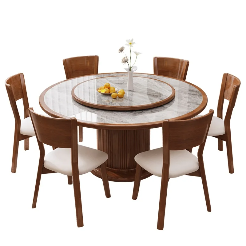 

Solid Wood Rock Plate Dining Table and Chair Combination Modern Simple Home Round Table Small Flat Round Dining Table