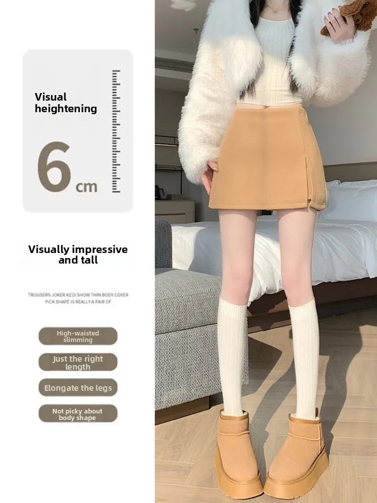 하이웨이스트 A라인 스커트 여성용 울 체어드 플리츠 스커트 봄 가을 겨울 패션 출퇴근 사이드 슬릿 스커트