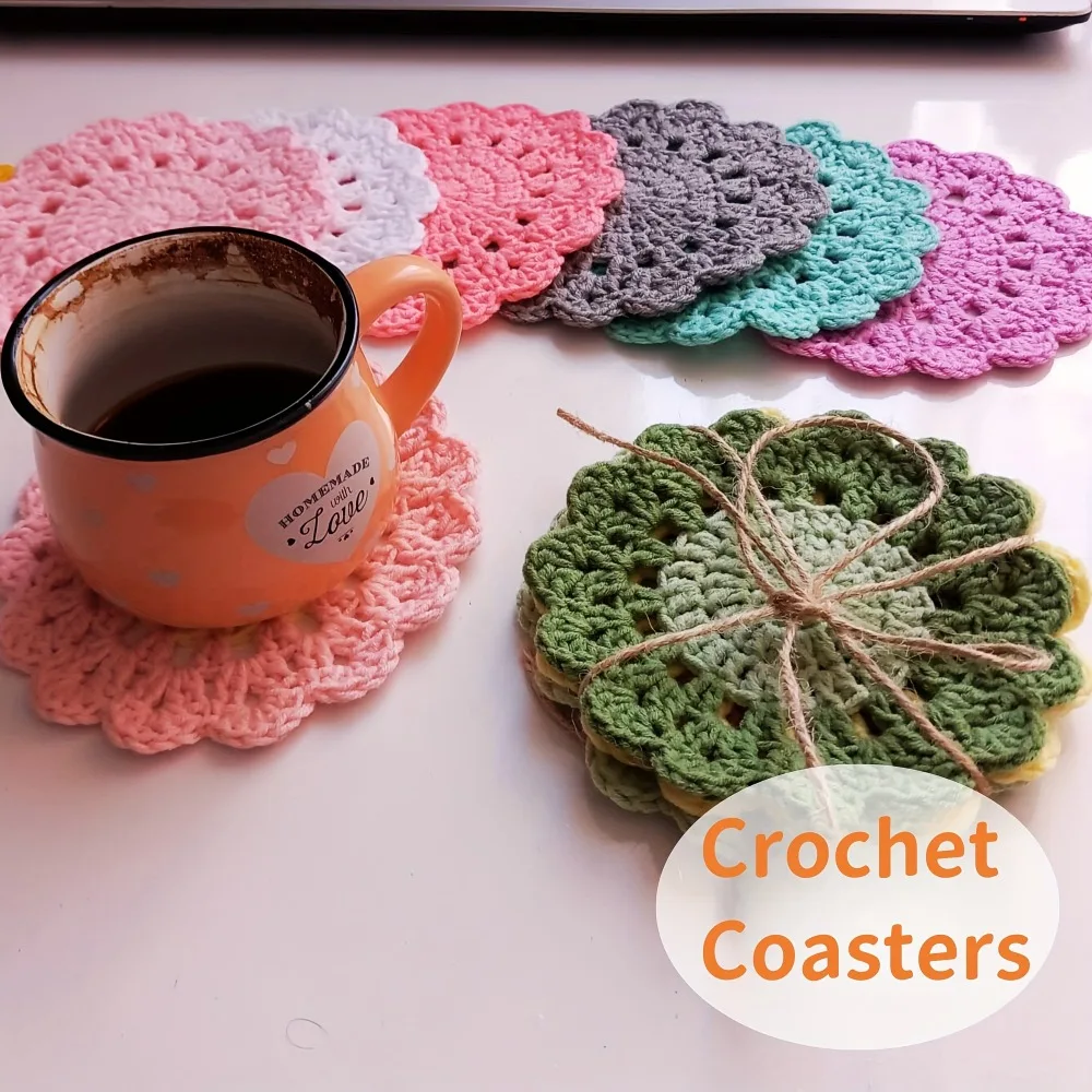 Handmade Cute Flower Coaster Set 4pcs Crochet Drink Coasters for Table Decor Home Bar Gift Soft Absorbent Protector Mat​