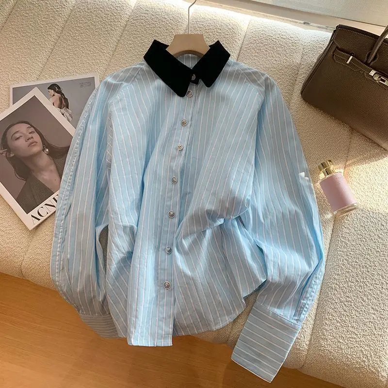 

New Blue Striped Shirt Stylish Long Sleeved Contrasting Loose Top