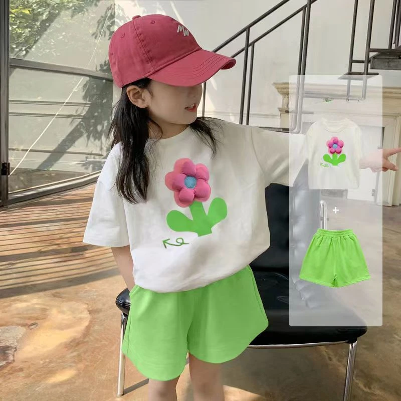 Girls 3D Flower Set Summer Green Fashion Children Suit 2-8 Years Old Casual Shorts Short Sleeved Sports Two-piece Set