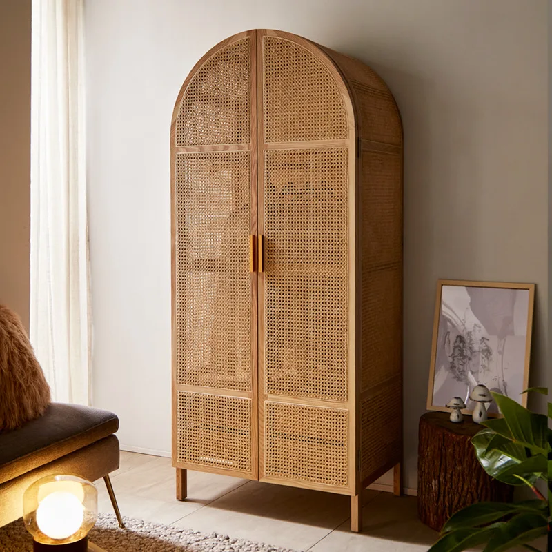 Rattan art solid wood frame bed and breakfast bedroom large wardrobe