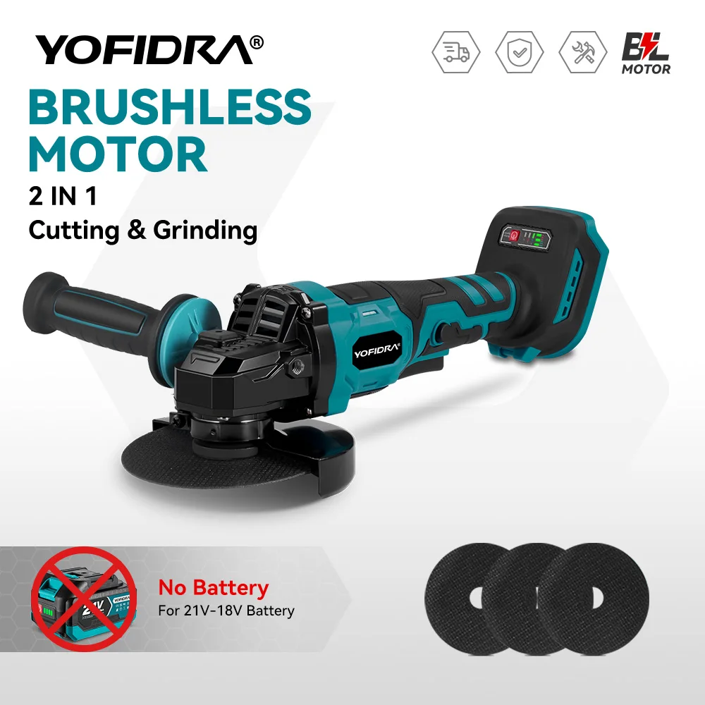 

YOFIDRA 125MM 2 IN 1 Brushless Angle Grinder 3 Gears Cordless Electric Polishing Grinding Power Tool For Makita Battery Pin