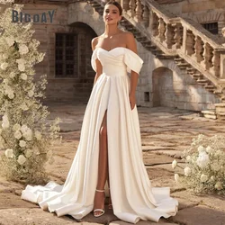 Elegant A-line Wedding Dress Off The Shoulder Sweetheart Open Back Pleat Split Satin Bridal Gown Vestidos De Noiva Customized