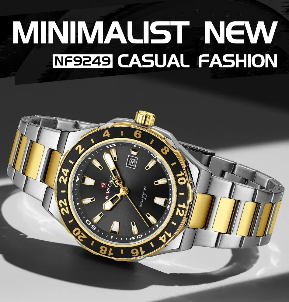 NAVIFORCE NF9249 Reloj luminoso con correa de acero inoxidable minimalista clásico con indicador de fecha de cuarzo informal para hombre