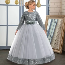 Teenager Gray Party Dress For Girls Children Costume Long Sleeve Princess Dresses Flower Girl Dress Gauze Wedding Evening Gown