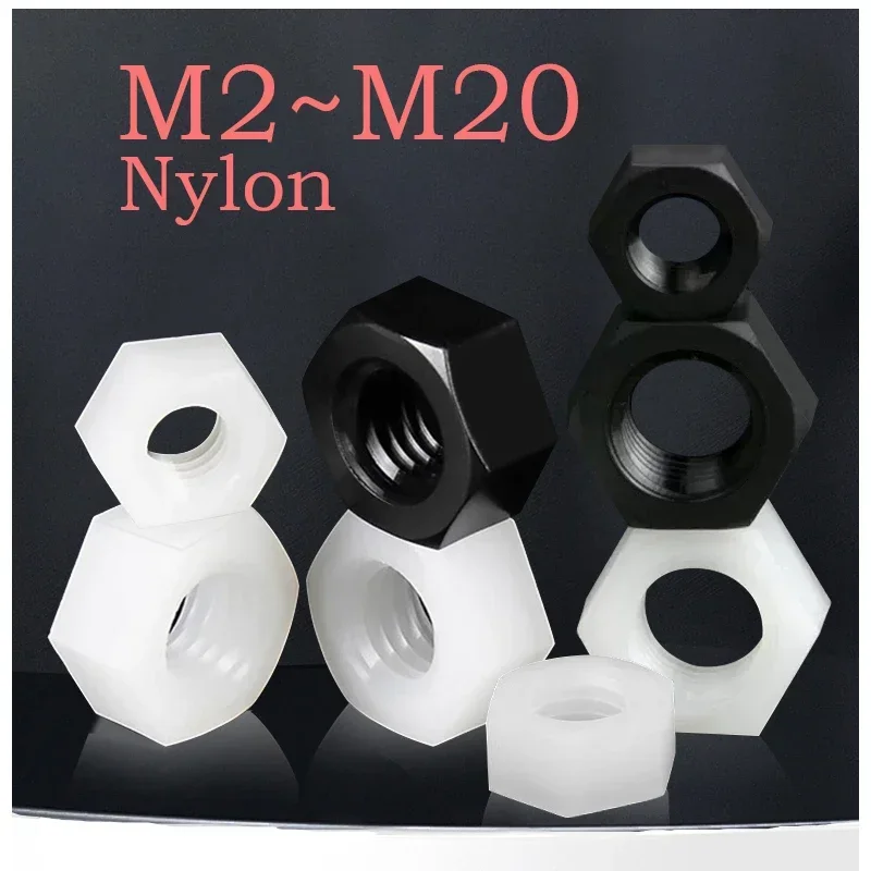 5~50 Pcs Black/White Plastic Nylon Hex Hexagon Nut M2 M2.5 M3 M4 M5 M6 M8 M10 M12 M14 M16 M18 M20 Plastic Hexagon Nut