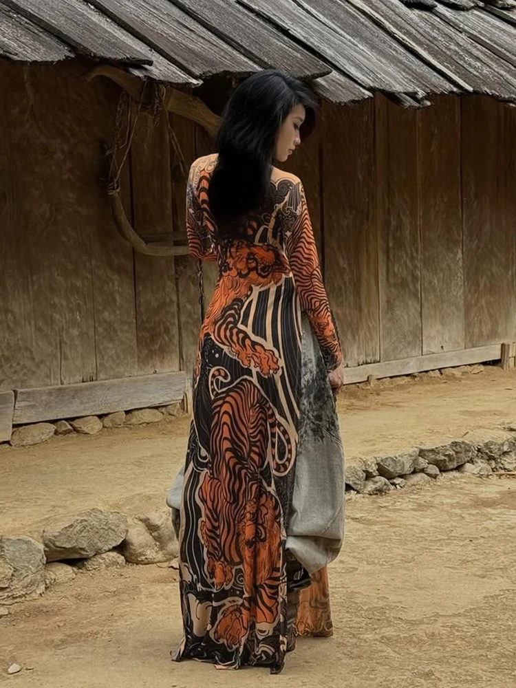 Weird Puss See Through T-Shirts Women Tiger Print Long Sleeve High Neck High Slits High Elastic Skinny Trend Street Hipster Tops