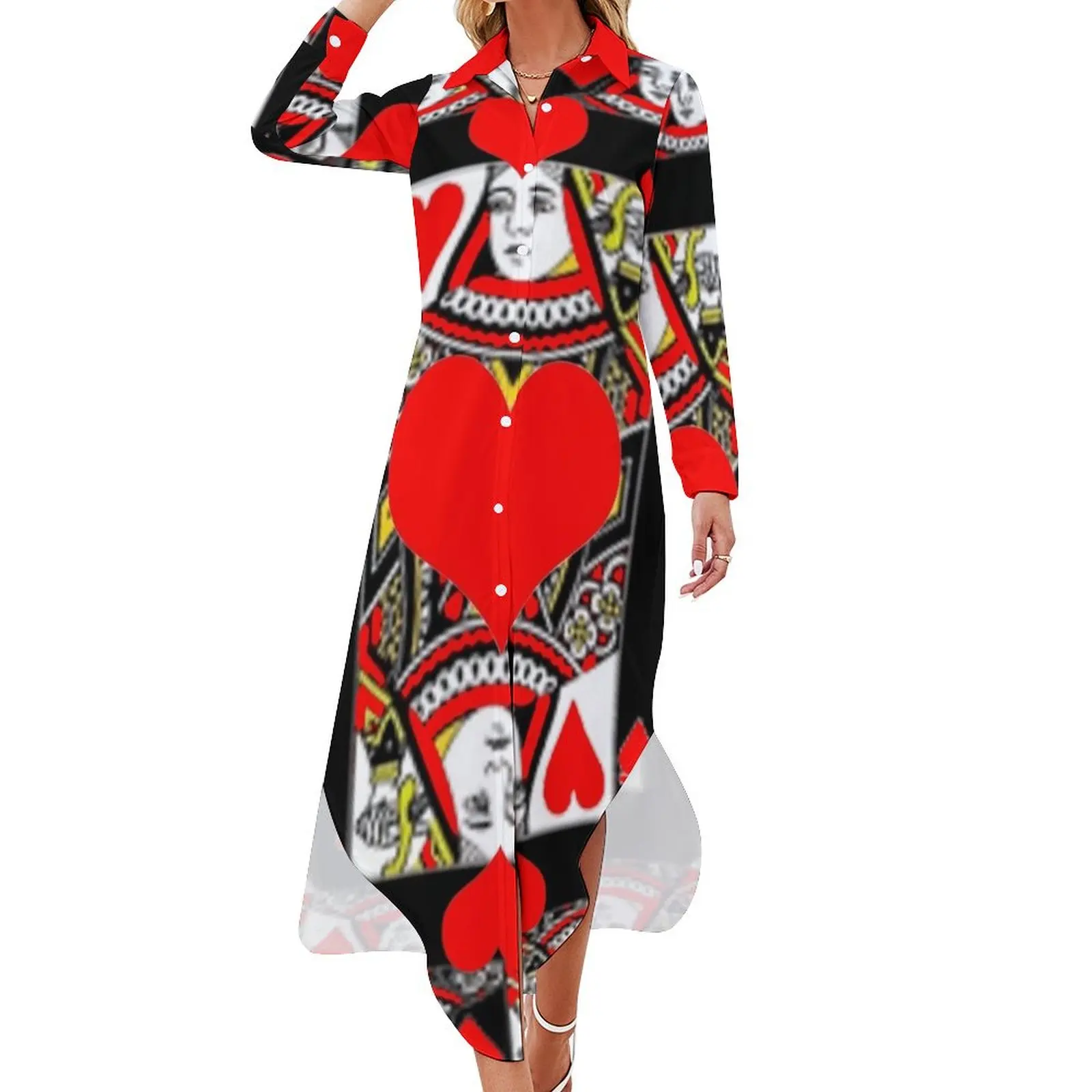 

CASINO RED QUEEN OF HEARTS PATTERN RED-HEARTS ART Long Sleeved Shirt Dress prom dress 2024 clothes for women