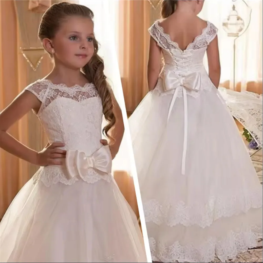 

Elegant White Long Flower Gir Wedding Dress First Communion Gown for Girls Backless Lace Appliques with Bow Party Birthday Dress