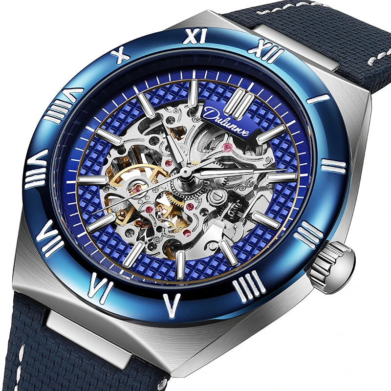 Luxury Skeleton Automatic Men Wristwatch Blue Grid Hollow‑Out Dial Roman Bezel Sports Watch