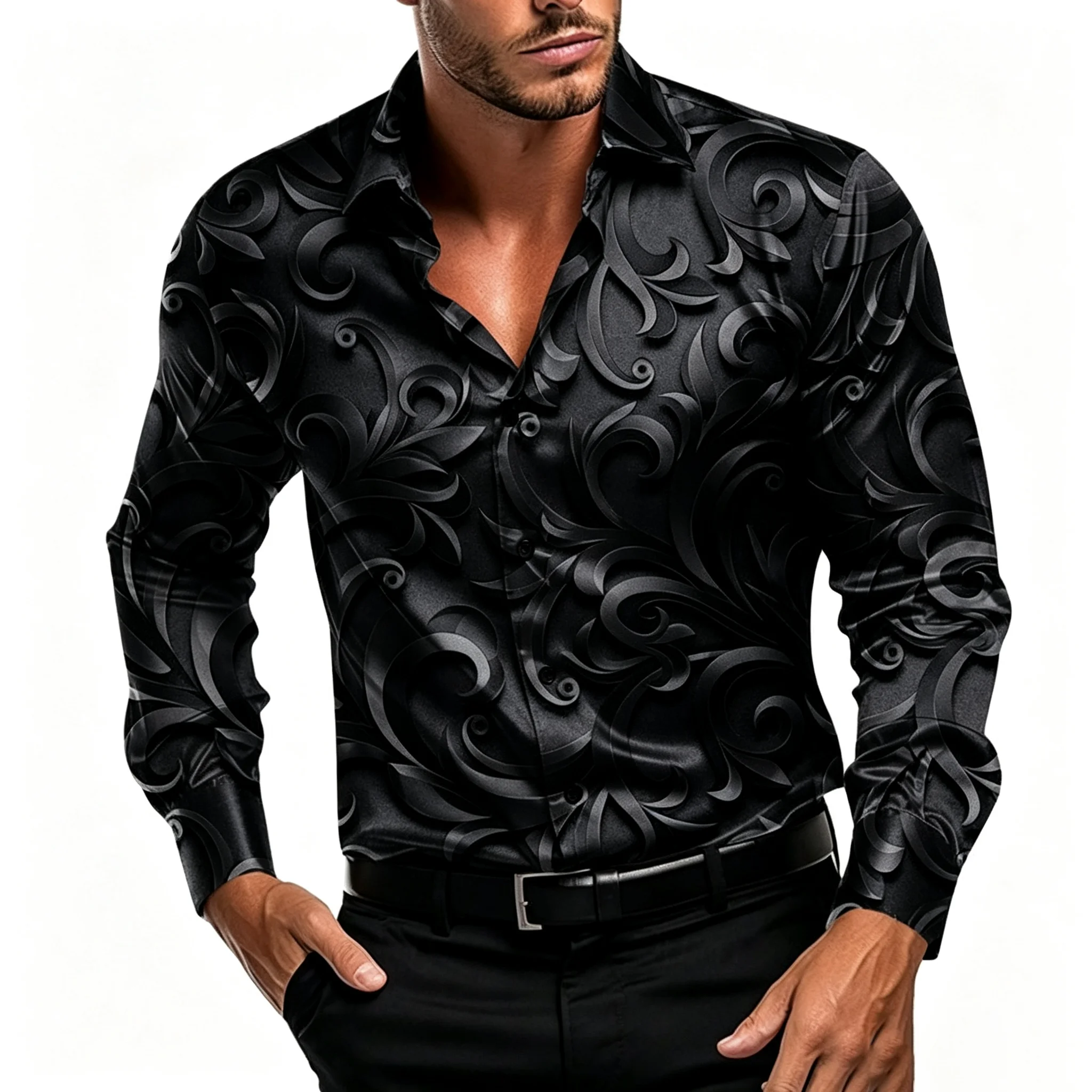Men's Baroque-Style Long-Sleeved Shirt with Floral Print, Luxurious Printed Collar, Suitable for Parties and Banquets.