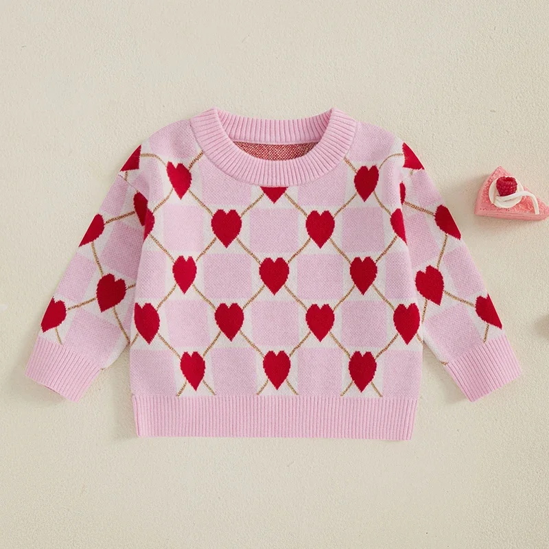 Tregren Baby Sweater Autumn Winter Cute Heart Checkerboard Valentine Print Warm Knit Sweater Toddler Girls Pullover Sweaters