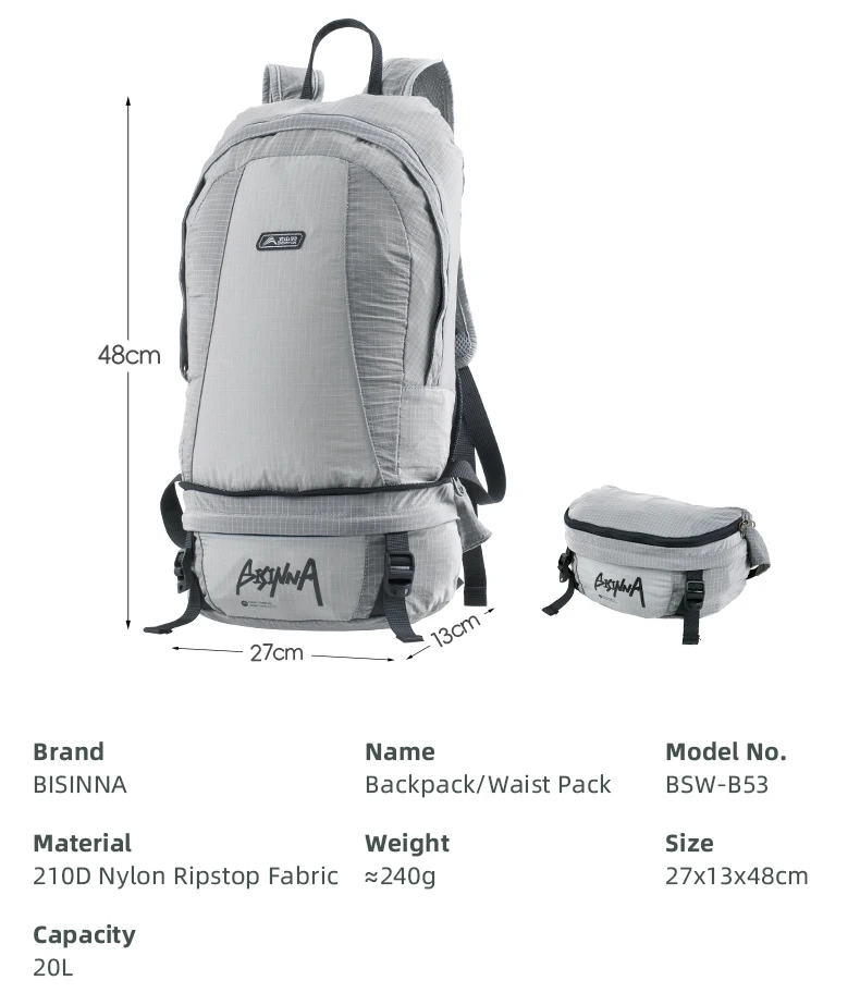 BISINNA 20L Ultraleichter Wanderrucksack, zusammenklappbar zum Hüftgurt, Outdoor-Tagesrucksack für Camping, Reisen, Angeln – Detail 12