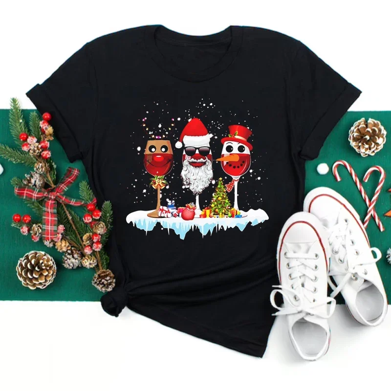 Vrouwen Wijnglas Kerst Hoeden Zwarte T-shirt Kerst Kerstcadeaus Cartoon Top T-shirt Harajuku Mode Nieuwjaar T-shirt