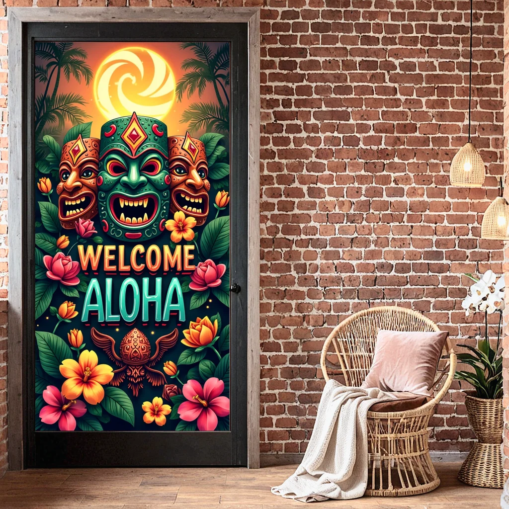 الاستوائية هاواي ترحيب راية تيكي قناع خلفية ألوها ديكور حفلات الصيف الحدث لوا الملونة الأزهار الشاطئ المشاعر الخلفية