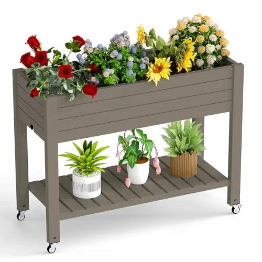 Raised Garden Bed with Legs, 33.66" Tall Self-Watering Resin Planter Box with Lockable Wheels Drainage Plug and Gauge for Veget
