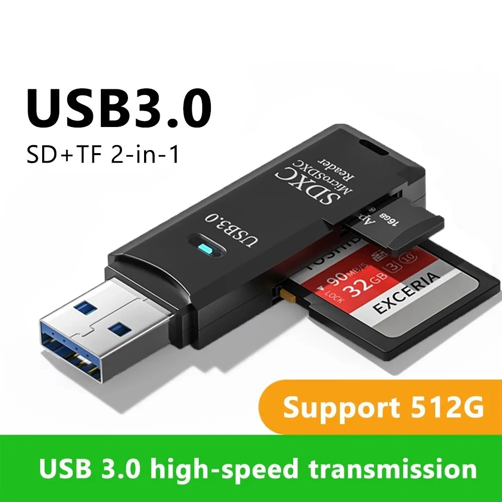 Multi Functional 2 In 1 USB 3.0/2.0 Card Reader Supports TF+SD Memory Card For Phones Computer Tablet Camera Laptop Car Mounted