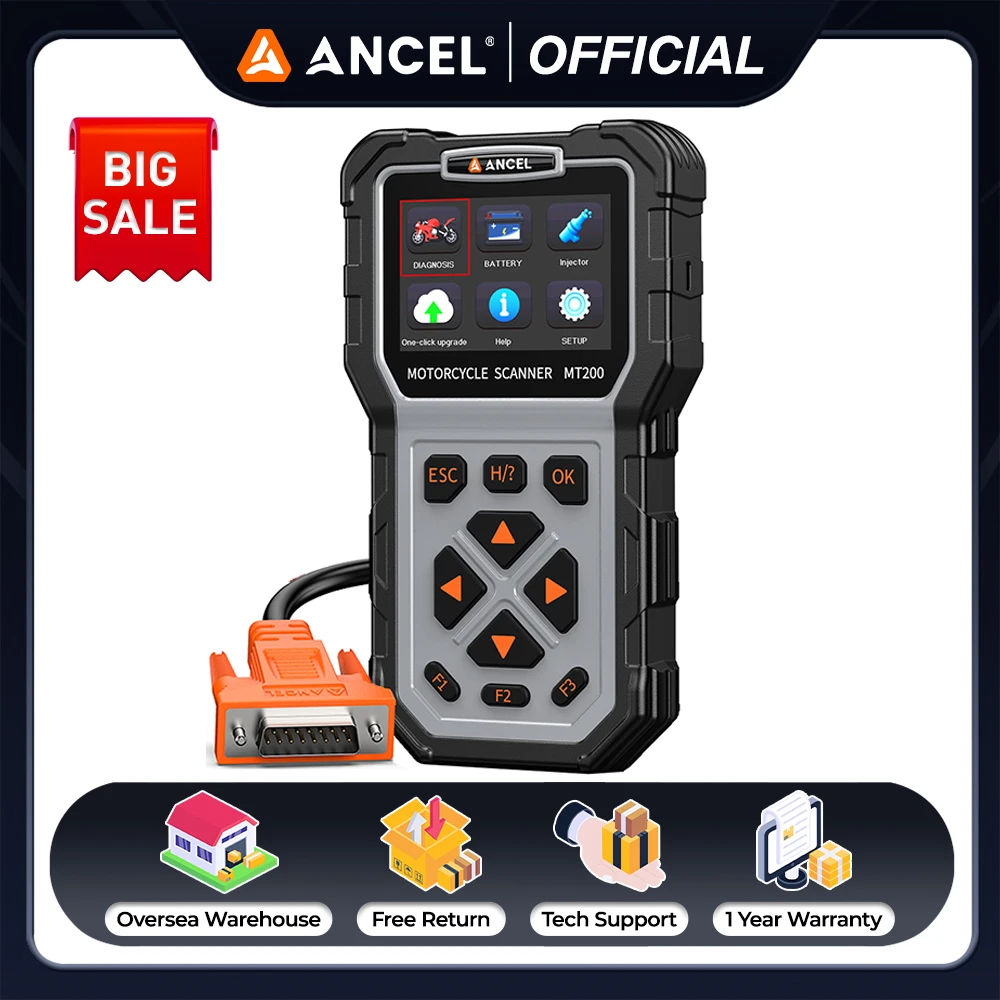 ANCEL MT200 OBD2 Motorcycle Scanner Full System Diagnostic Tool Battery Injector Tester OBD2 Scanner for Honda Yamaha BMW Suzuki