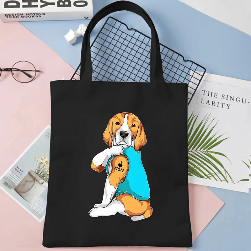 Funny Dog I Love Mom Print Shoulder Bags Women Canvas Tote Reusable Recycle Bag Eco Shopping Bags with Handbags Supermarket Bag