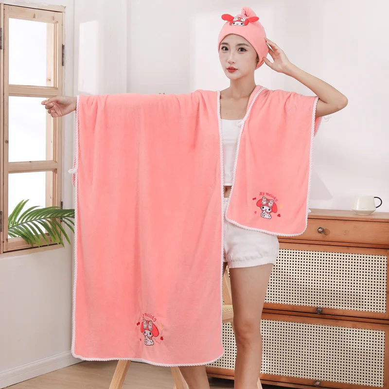 Sanrio Mymelody Cinnamoroll Kuromi Cartoon coral fleece Towel kawaii Bath towel hair drying cap Soft absorbent three-piece set