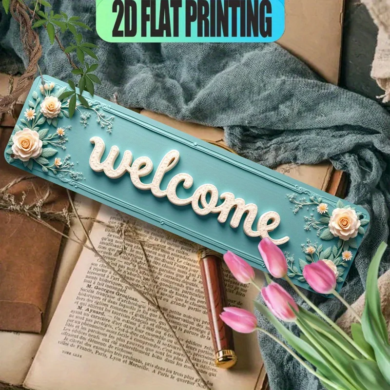 2D Flat, Large Vintage Welcome Sign - Turquoise Blue Floral WELCOME Lettering with White Cursive Font - Elegant Metal Wall Decor