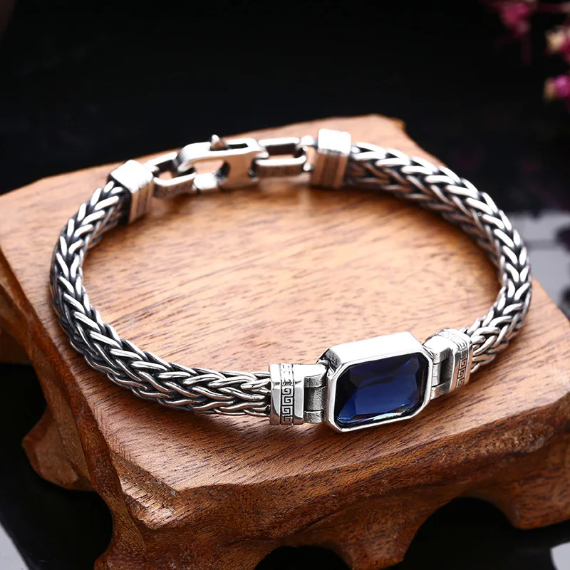 HX Silver Color Handwoven Handmade Bracelet 5MM Men\'s Blue Zircon Set Trendy Retro Vintage Bracelet Ins Jewelry