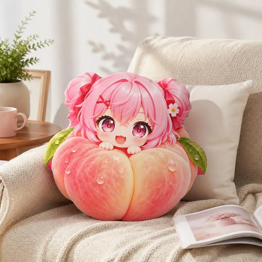 Kawaii Anime Girl Peach Shaped Pillow Cute Fruit Character Stuffed Cushion Decorative Throw Pillow for Sofa Home Decor Gift