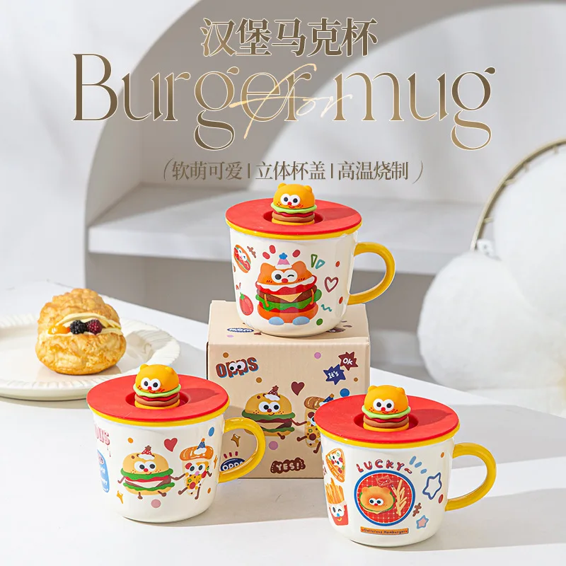 

Creative Burger Ceramic Mug Cartoon Coffee With Lid Home Couple Companion Gift Office Women S Breakfast Cup