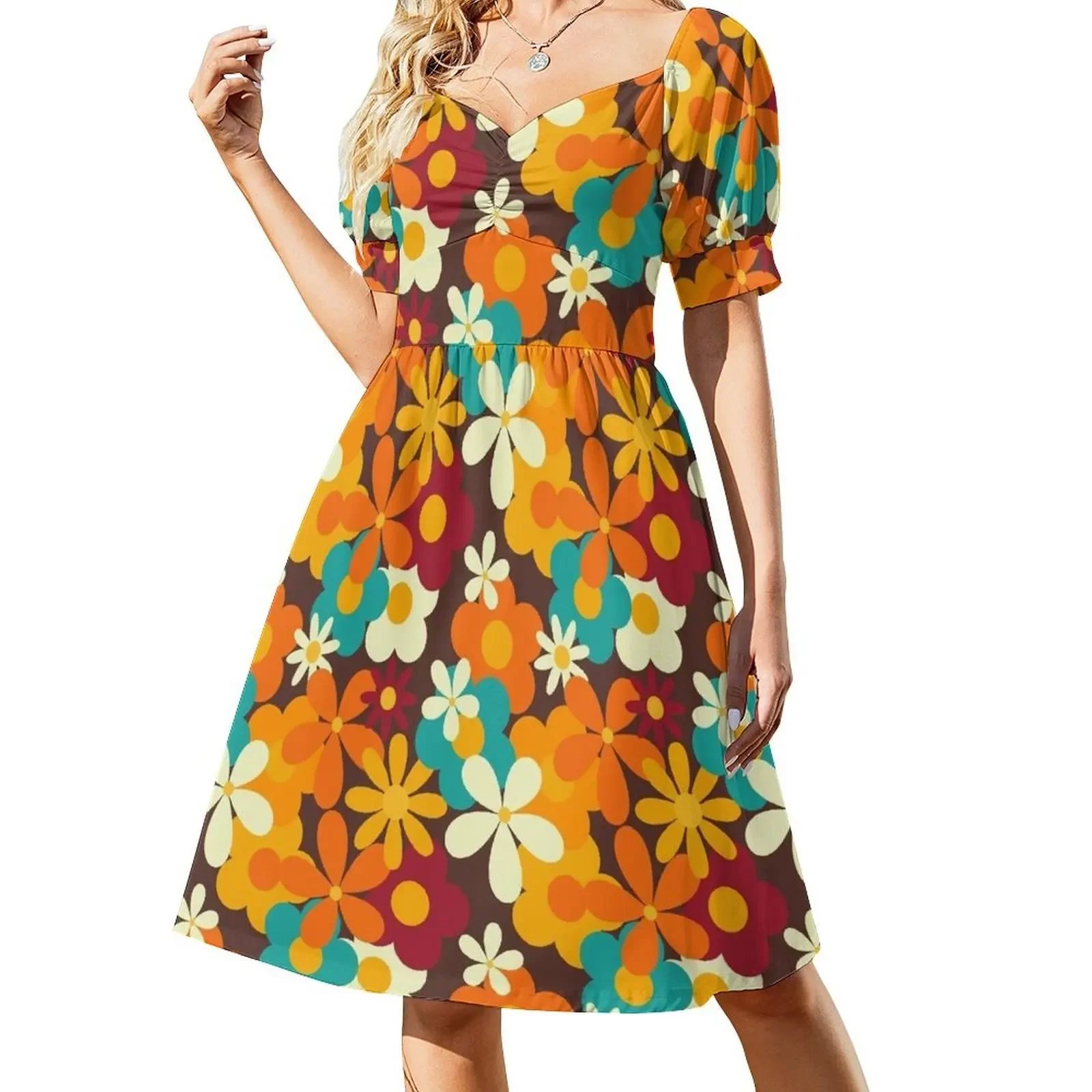 

Retro 70s Classic Colors Flower Power Seamless Repeat Pattern Print Short-Sleeved Dress evening dress woman
